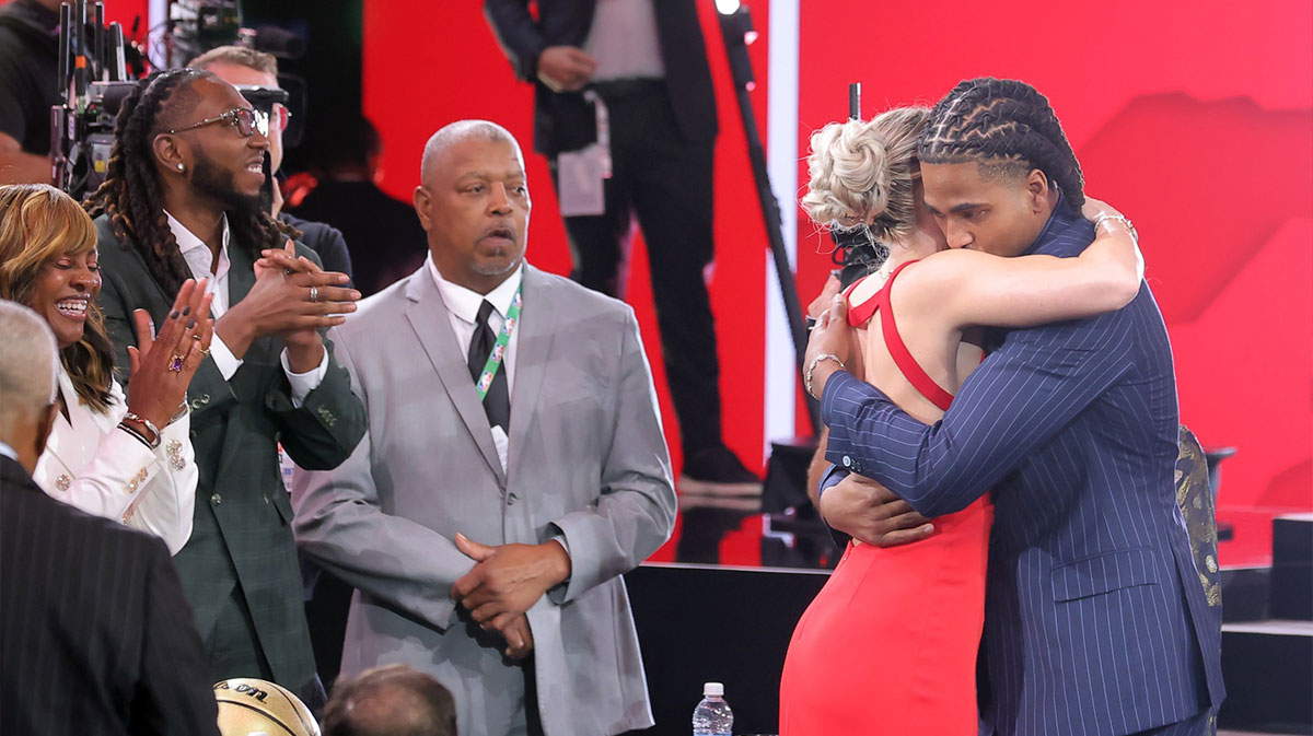Collin Murray-Boyles embraces girlfriend Chloe Kitts after being selected as the ninth pick by the Toronto Raptors in the first round of the 2025 NBA Draft at Barclays Center.