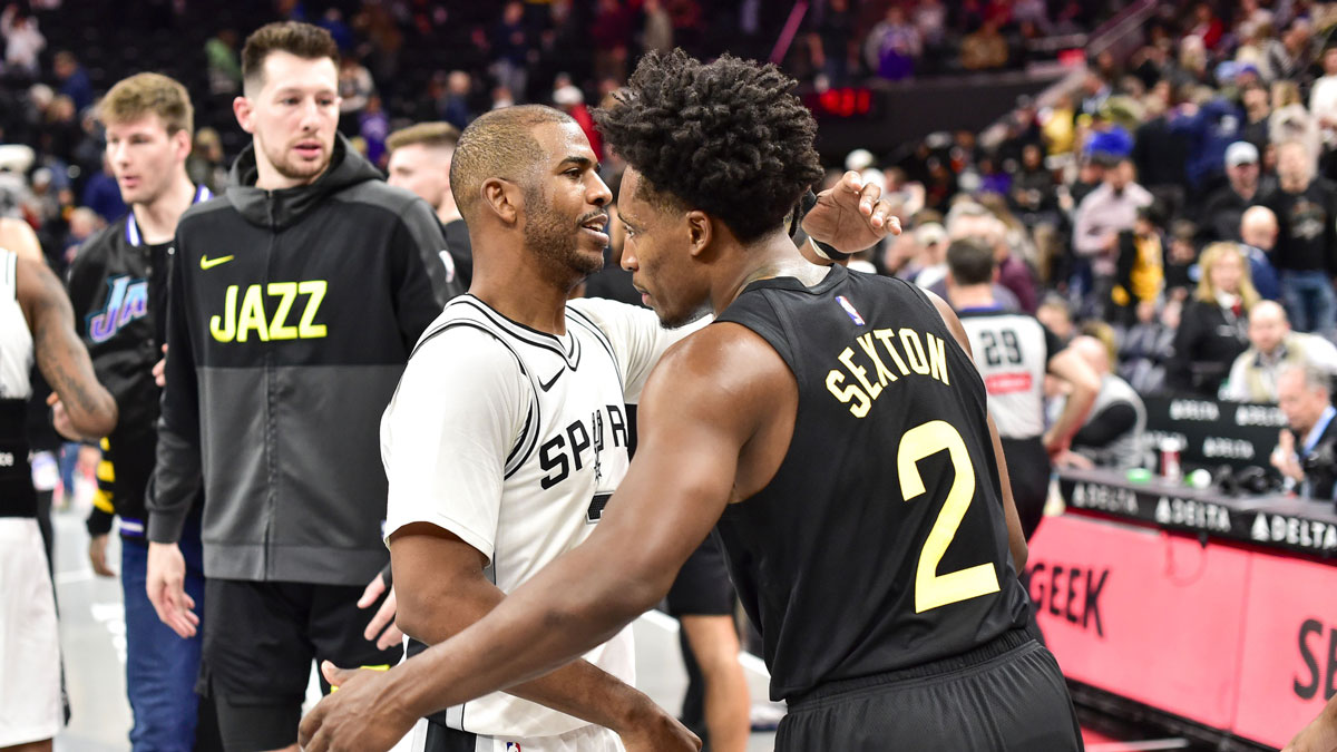 San Antonio Spurs guard Chris Paul (3) and Utah Jazz guard Collin Sexton (2) after the game at Delta Center.