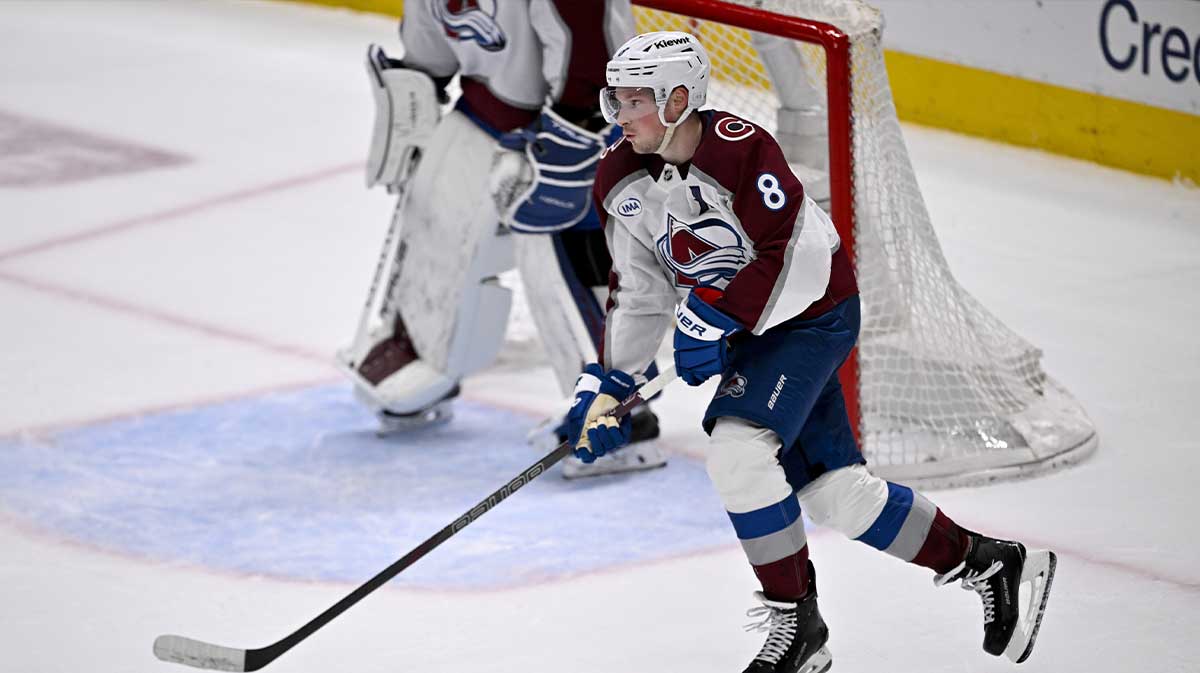 Colorado Avalanche defenseman Cale Makar (8) in action during the game between the Dallas Stars and the Colorado Avalanche in game seven of the first round of the 2025 Stanley Cup Playoffs at American Airlines Center