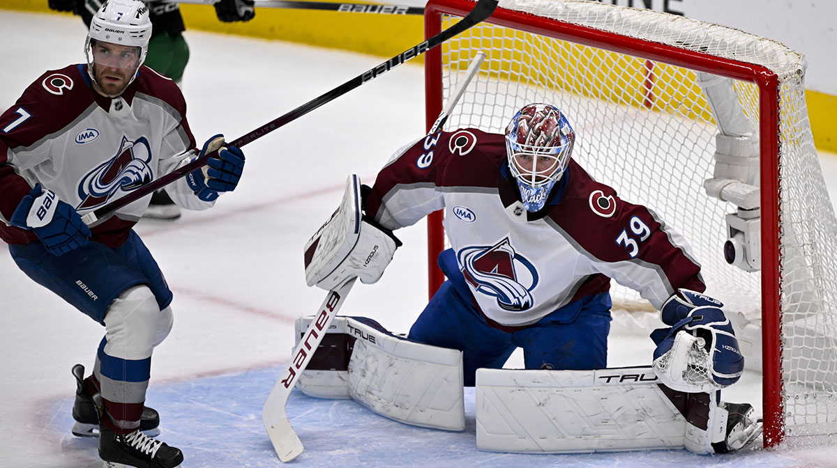 Colorado Avalanche goaltender Mackenzie Blackwood (39) and defenseman Devon Toews (7) in action during the game between the Dallas Stars and the Colorado Avalanche in game seven of the first round of the 2025 Stanley Cup Playoffs at American Airlines Center.