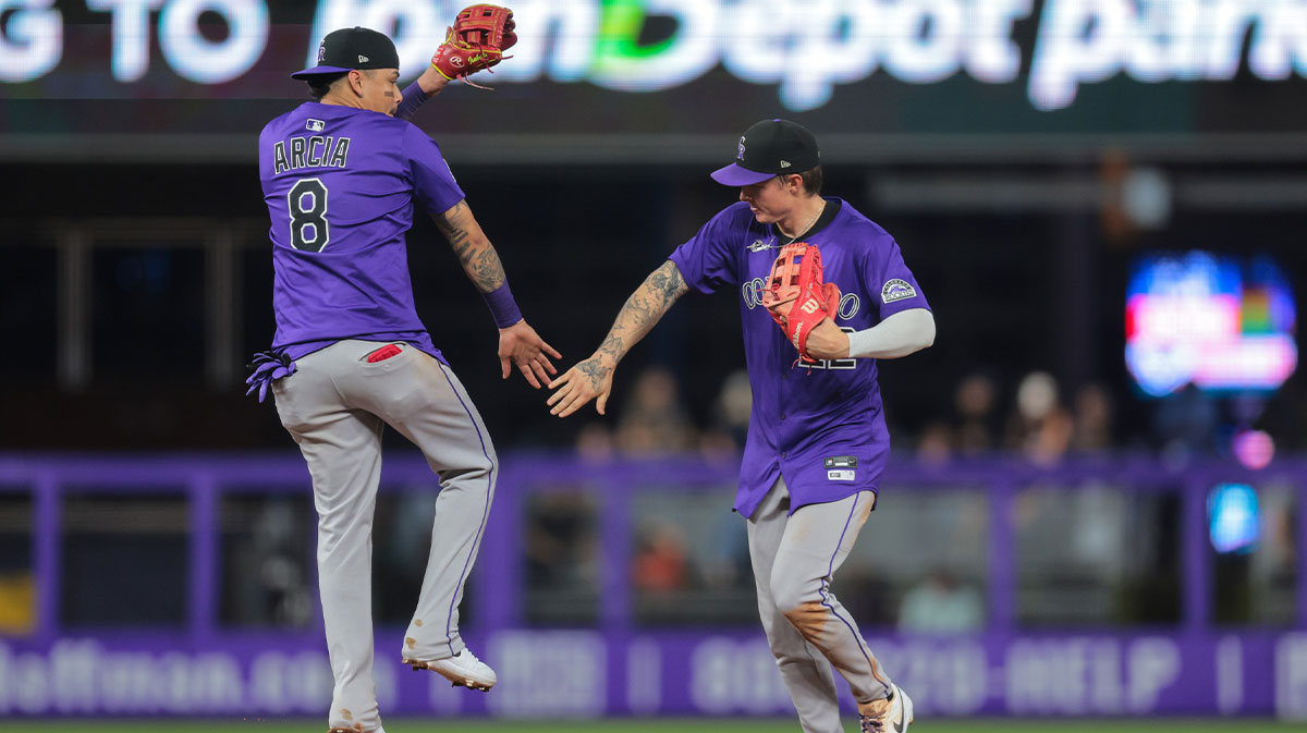 Colorado Rockies shortstop Orlando Arcia (8) celebrates with right fielder Mickey Moniak (22) after the game against the Miami Marlins at loanDepot Park.
