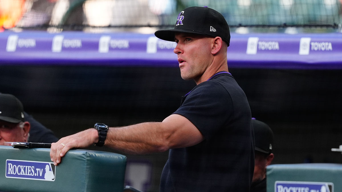Colorado Rockies interim manager Warren Schaeffer (34) in the dugout in the first inning against the Philadelphia Phillies at Coors Field.