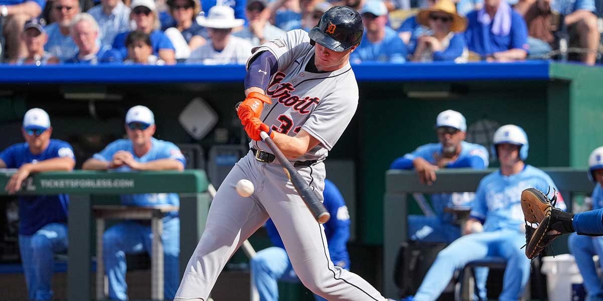 Detroit Tigers designated hitter Colt Keith (33) hits a single against the Detroit Tigers in the seventh inning at Kauffman Stadium.