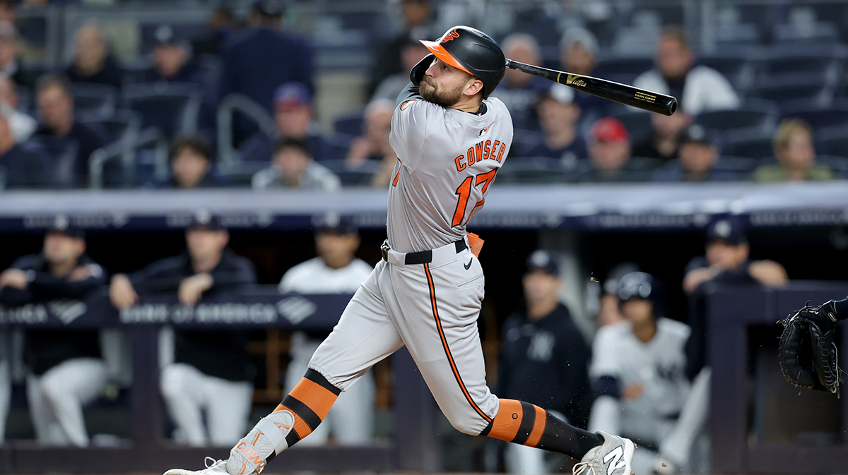 Sep 25, 2024; Bronx, New York, USA; Baltimore Orioles left fielder Colton Cowser (17) follows through on a two run single against the New York Yankees during the first inning at Yankee Stadium.
