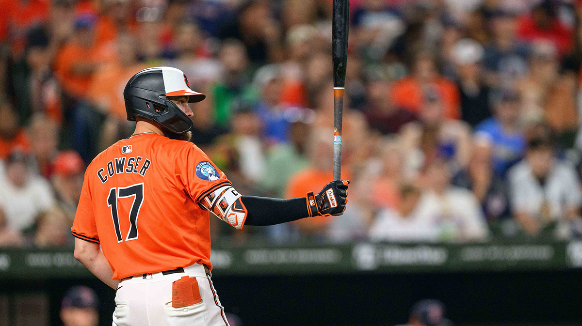 Aug 17, 2024; Baltimore, Maryland, USA; Baltimore Orioles outfielder Colton Cowser (17) at bat during the sixth inning against the Boston Red Sox at Oriole Park at Camden Yards. Mandatory Credit: Reggie Hildred-Imagn Images