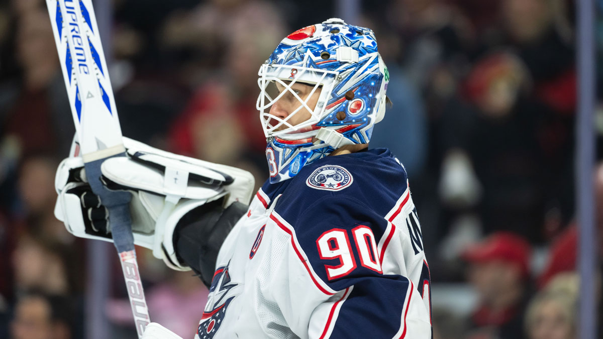 Columbus Blue Jackets goalie Elvis Merzlikins (90) looks up the ice in the second period against the Ottawa Senators at the Canadian Tire Centre
