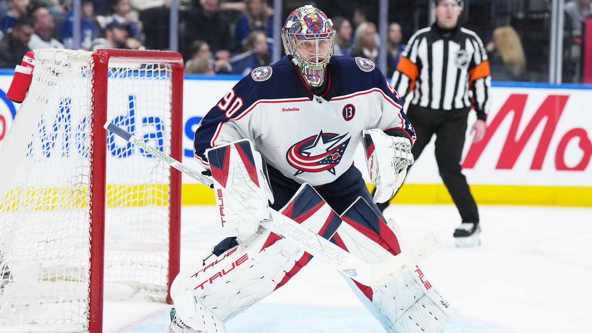Columbus Blue Jackets goaltender Elvis Merzlikins (90) follows the play against the Toronto Maple Leafs during the third period at Scotiabank Arena.
