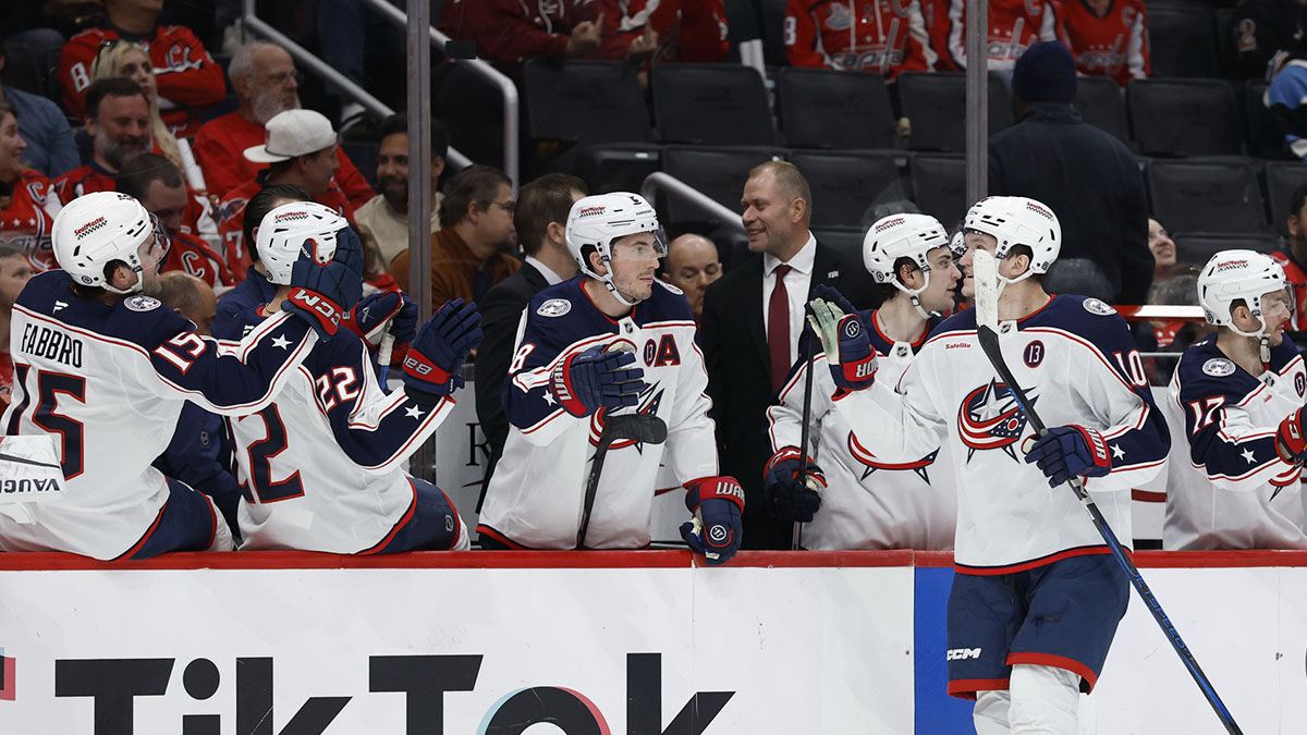 Columbus Blue Jackets left wing Dmitri Voronkov (10) celebrates with teammates after scoring a goal against the Washington Capitals in the third period at Capital One Arena.