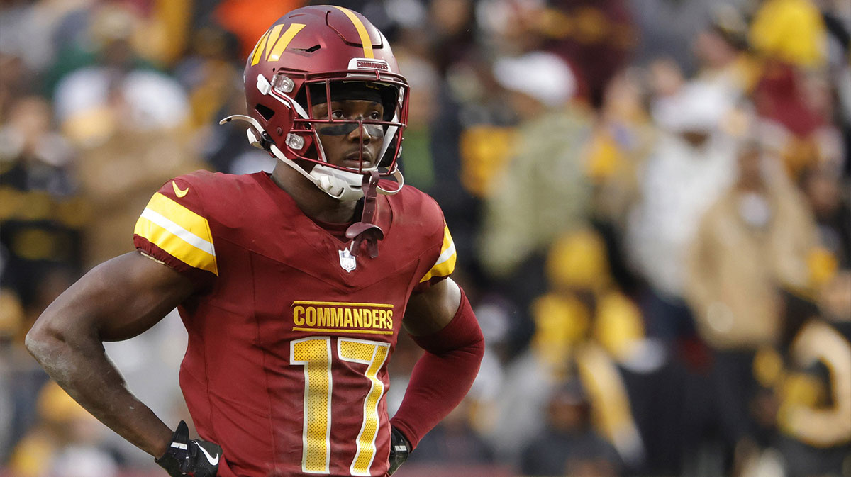 Washington Commanders wide receiver Terry McLaurin (17) looks on from the field during final minute of the game against the Pittsburgh Steelers at Northwest Stadium.