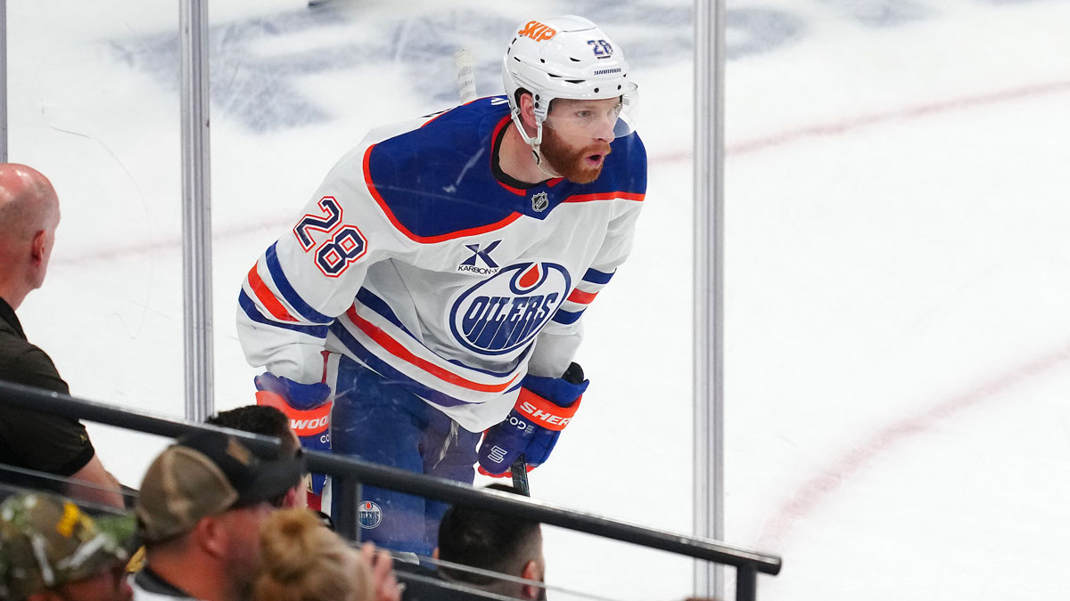 Edmonton Oilers right wing Connor Brown (28) celebrates after scoring a goal against Vegas Golden Knights goaltender Adin Hill (33) during the third period of game one of the second round of the 2025 Stanley Cup Playoffs at T-Mobile Arena.