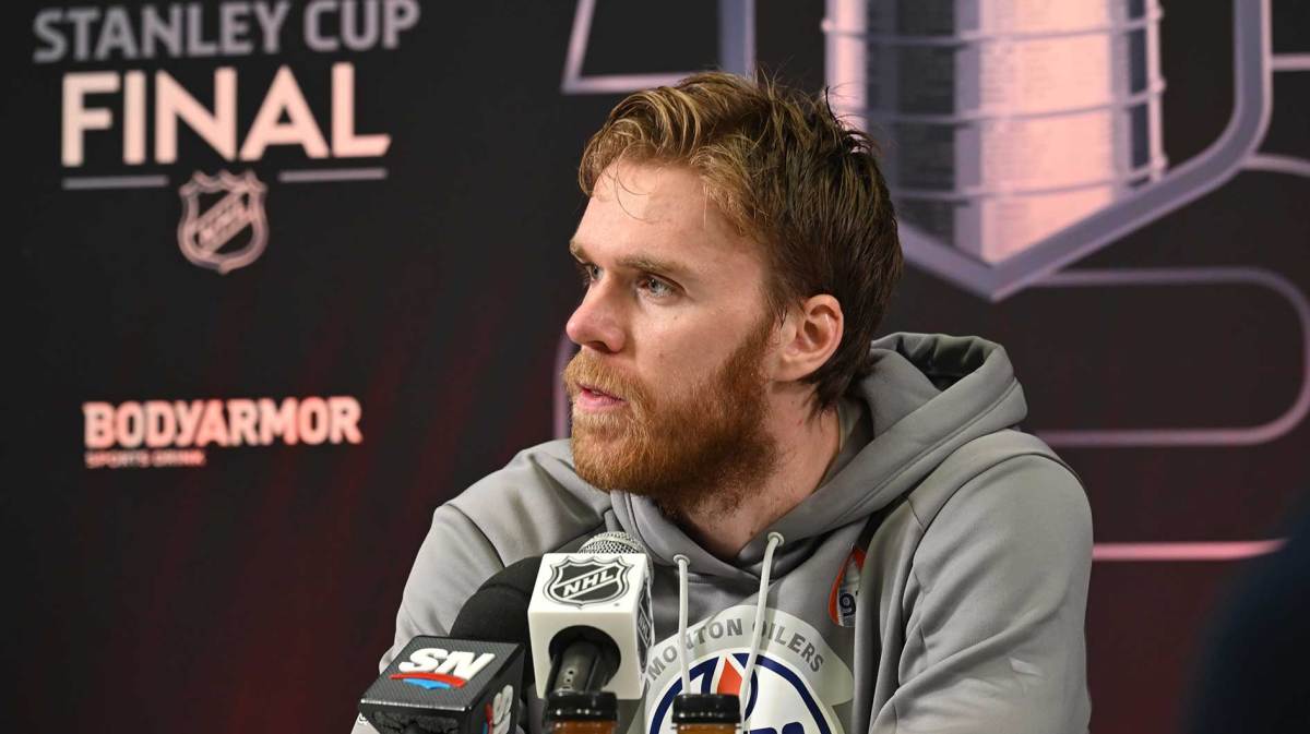Edmonton Oilers centre Connor McDavid (97) takes questions during media day in advance of the 2025 Stanley Cup Final at Rogers Place.