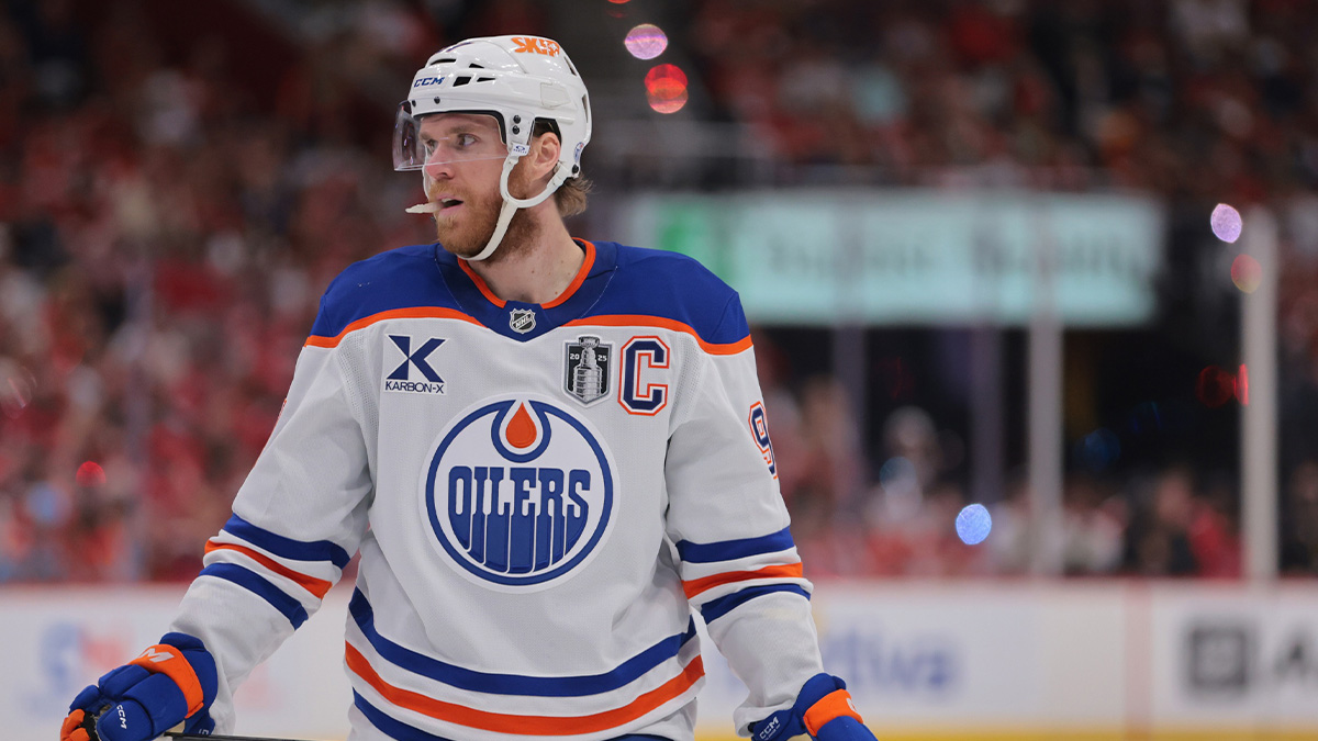 Edmonton Oilers center Connor McDavid (97) looks on during the third period against the Florida Panthers in game three of the 2025 Stanley Cup Final at Amerant Bank Arena.