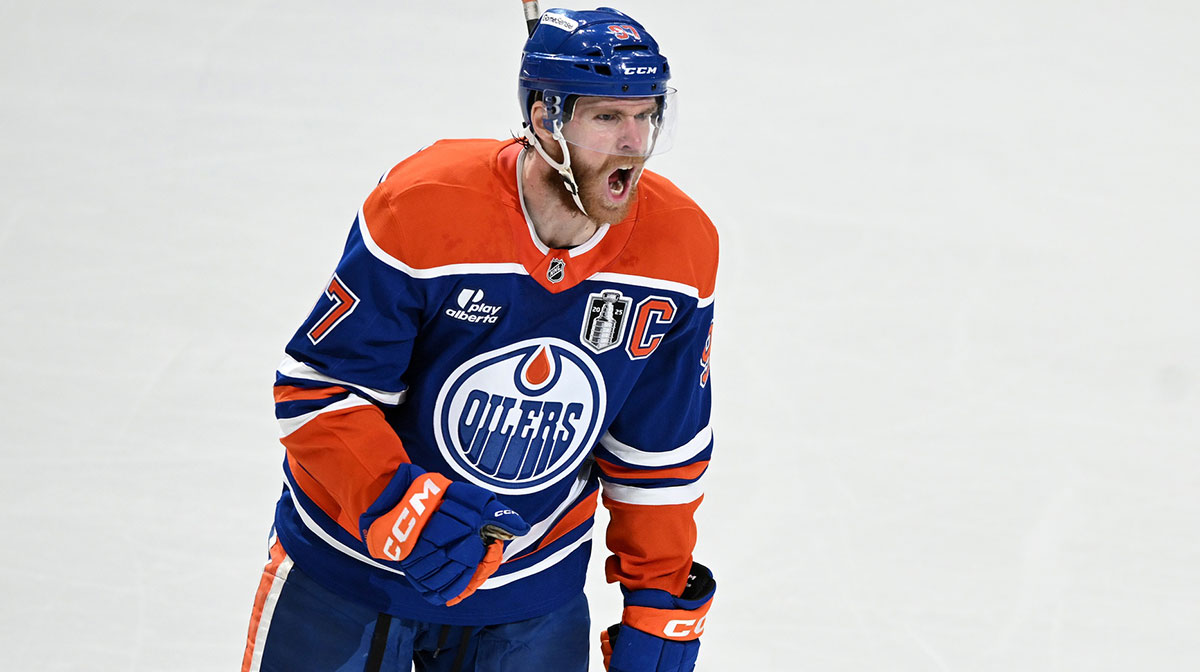 dmonton Oilers center Connor McDavid (97) reacts against the Florida Panthers during the first period in game two of the 2025 Stanley Cup Final at Rogers Place.