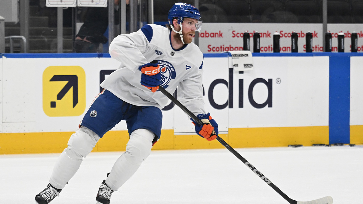 Edmonton Oilers centre Connor McDavid (97) is seen out on the ice at the team practise during media day in advance of the 2025 Stanley Cup Final at Rogers Place.