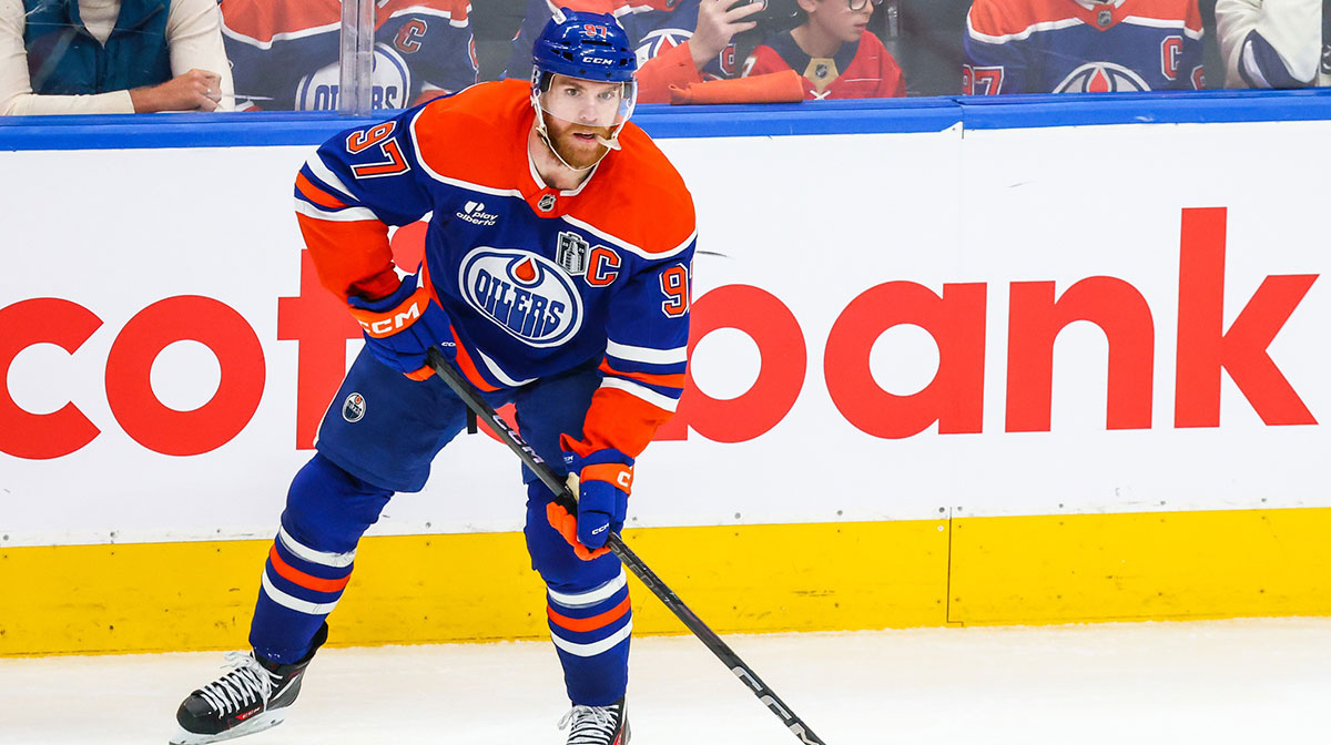 Edmonton Oilers center Connor McDavid (97) controls the puck against the Florida Panthers during the second period in game five of the 2025 Stanley Cup Final at Rogers Place.