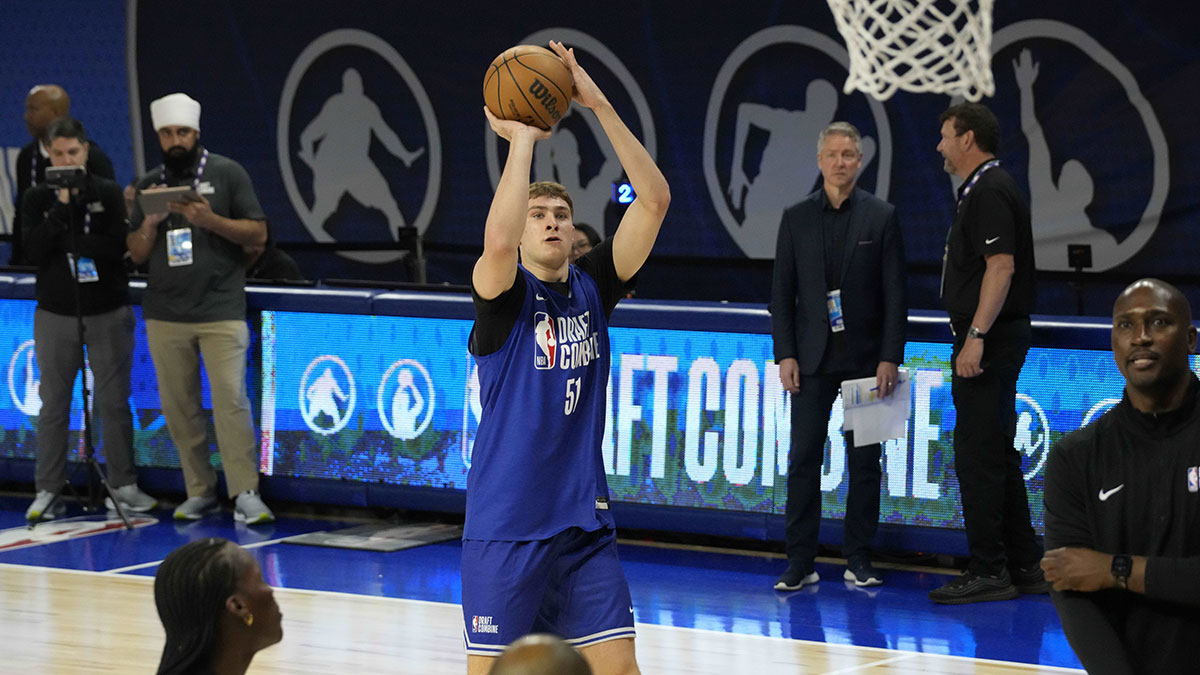 Cooper Flagg (51) participates in the 2025 NBA Draft Combine at Wintrust Arena.