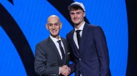 Cooper Flagg poses with NBA commissioner Adam Silver after being selected as first overall by the Dallas Mavericks in the first round of the 2025 NBA Draft at Barclays Center.
