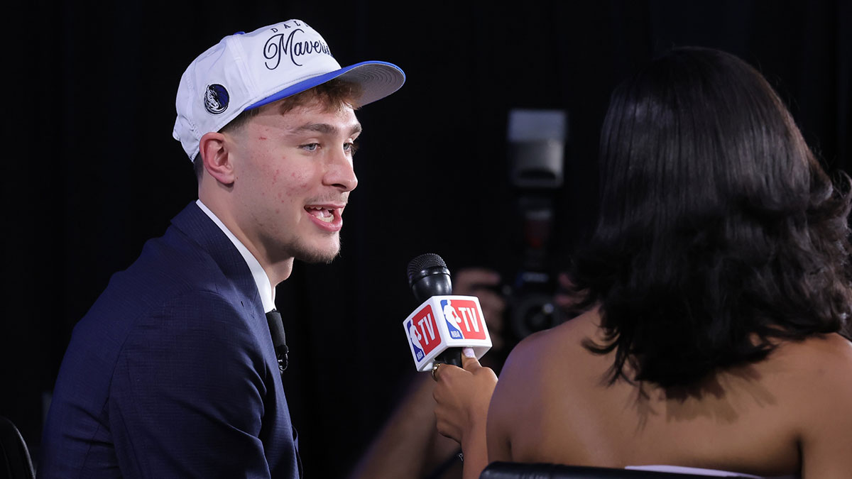 Cooper Flagg is interviewed after being selected as the first overall pick by the Dallas Mavericks in the first round of the 2025 NBA Draft at Barclays Center.