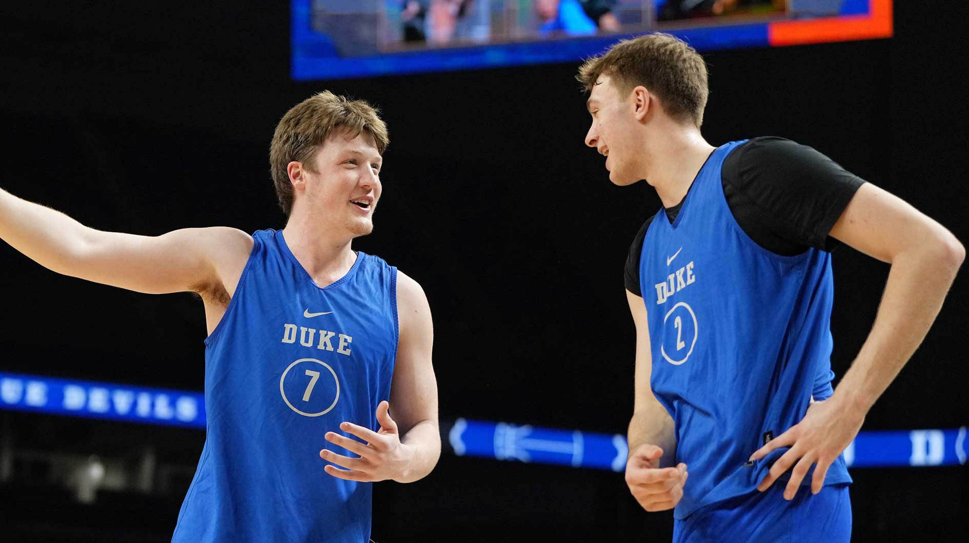 Duke Blue Devils guard Kon Knueppel (7) and guard Cooper Flagg (2) during a practice session for the Final Four of the 2025 NCAA tournament at Alamodome.