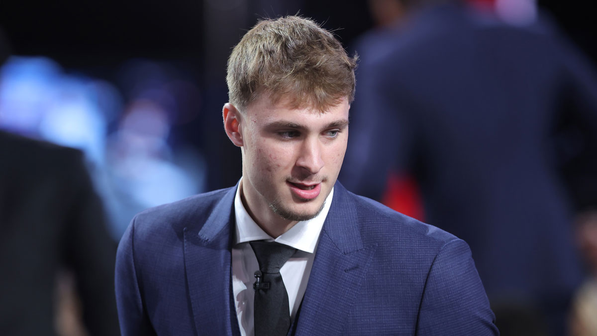 Cooper Flagg before the 2025 NBA Draft at Barclays Center.
