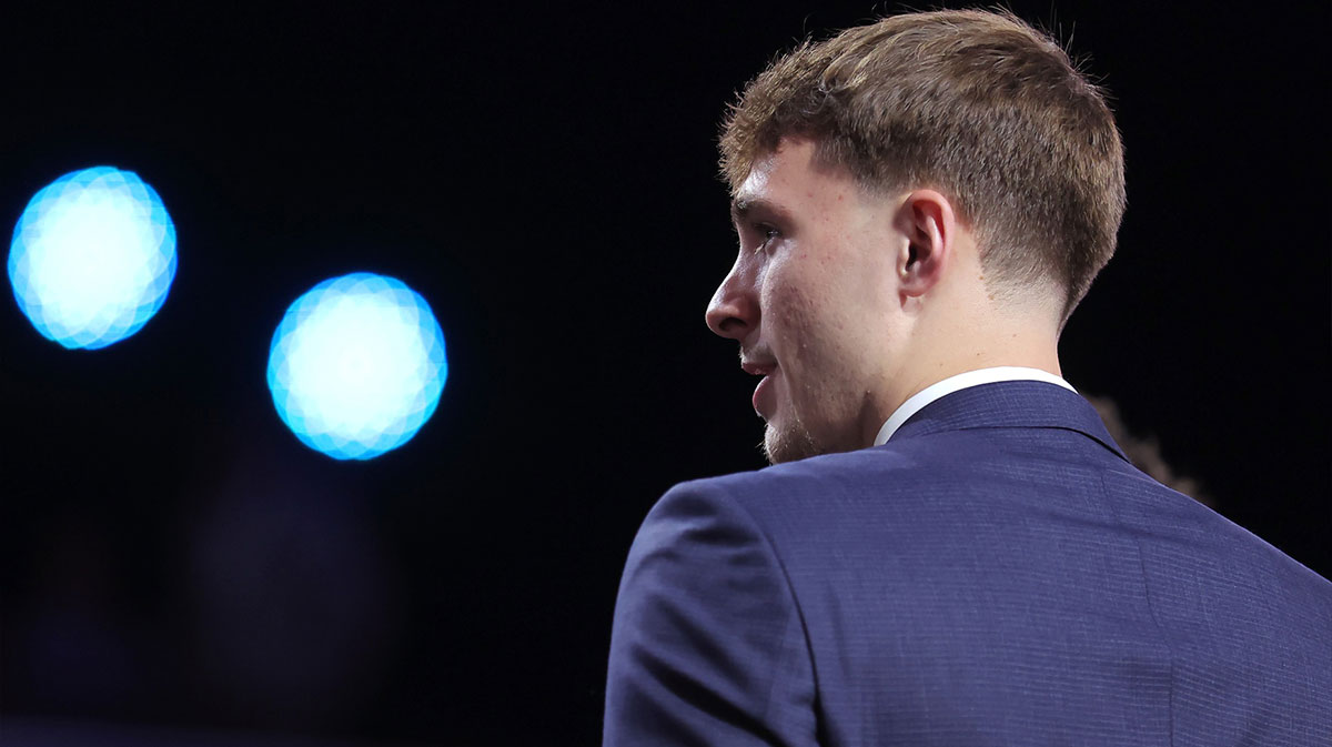 Cooper Flagg looks on before the 2025 NBA Draft at Barclays Center.