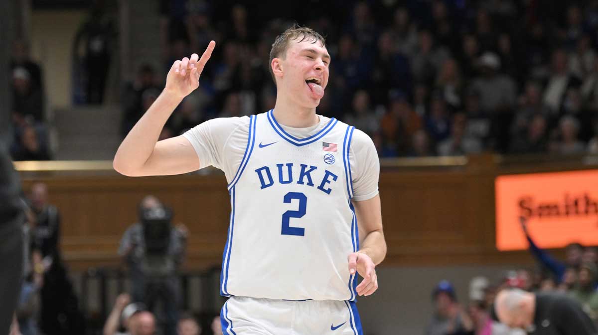 Duke Blue Devils forward Cooper Flagg (2) celebrating after scoring against the Stanford Cardinal during the second half at Cameron Indoor Stadium.