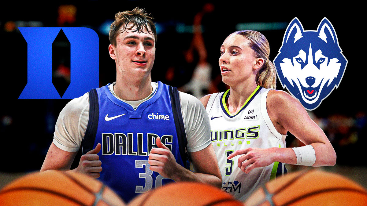 Cooper Flagg in a Mavericks jersey and Paige Bueckers in a Wings jersey in front. In background, place the Duke basketball and UConn women's basketball logos.