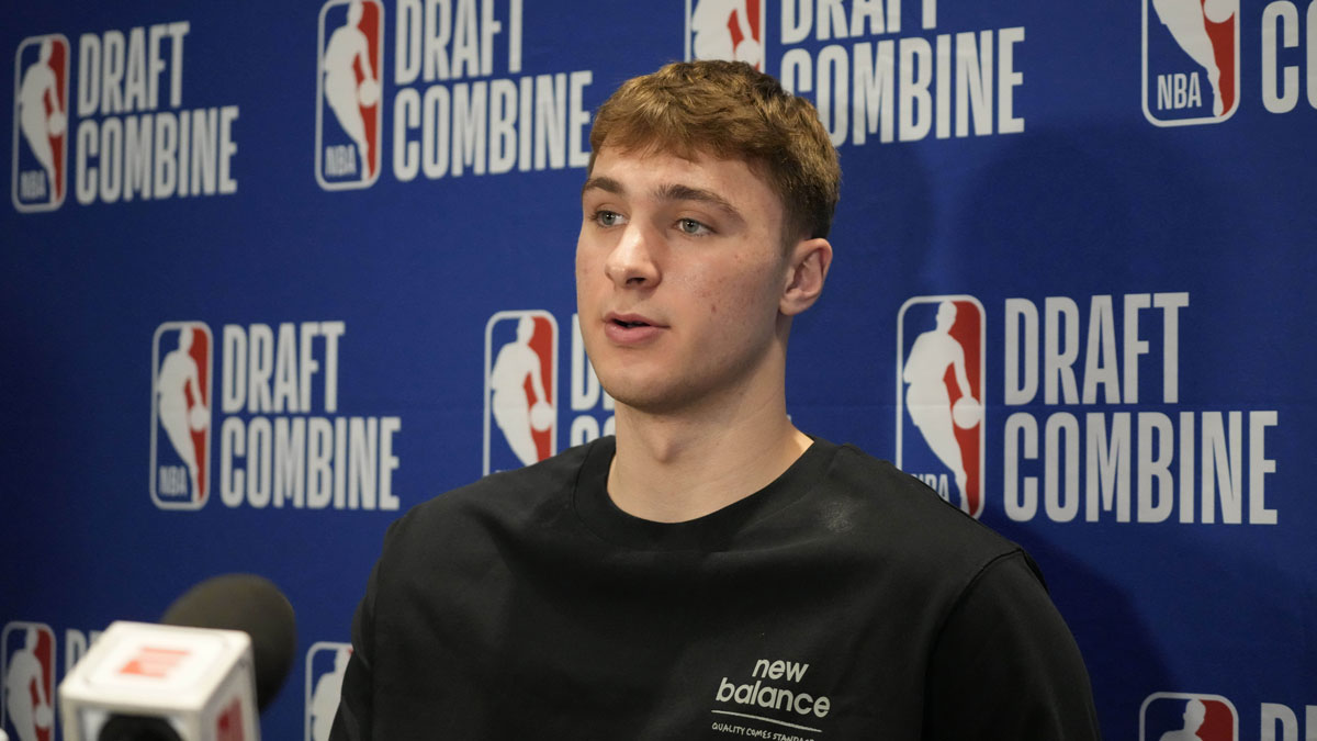 Cooper Flagg talks to the media during the 2025 NBA Draft Combine at Marriott Marquis Chicago.