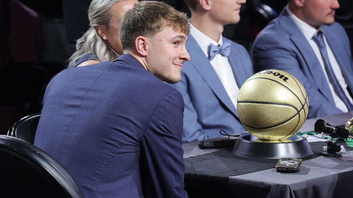 Cooper Flagg looks on during the 2025 NBA Draft at Barclays Center.