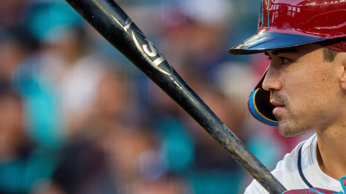 Apr 26, 2025; Phoenix, Arizona, USA; Arizona Diamondbacks outfielder Corbin Carroll (7) at bat in the second inning against the Atlanta Braves at Chase Field. Mandatory Credit: Allan Henry-Imagn Images