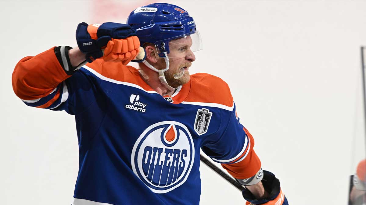 Edmonton Oilers right wing Corey Perry (90) reacts after scoring a goal against the Florida Panthers during the third period in game two of the 2025 Stanley Cup Final at Rogers Place.