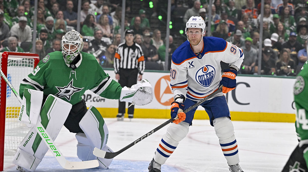 Dallas Stars goaltender Jake Oettinger (29) and Edmonton Oilers right wing Corey Perry (90) in action during the game between the Dallas Stars and the Edmonton Oilers in game five of the Western Conference Final of the 2025 Stanley Cup Playoffs at American Airlines Center.