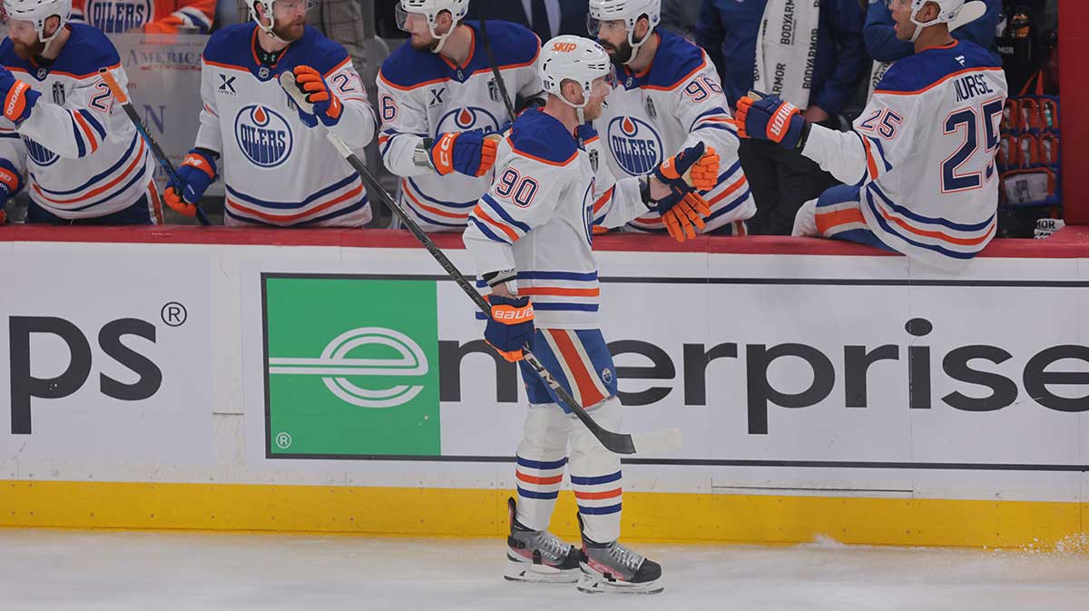 Edmonton Oilers right wing Corey Perry (90) celebrates scoring during the second period against the Florida Panthers in game three of the 2025 Stanley Cup Final at Amerant Bank Arena.