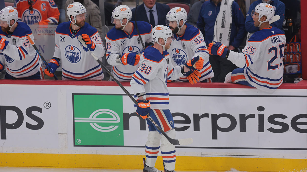 Edmonton Oilers right wing Corey Perry (90) celebrates scoring during the second period against the Florida Panthers in game three of the 2025 Stanley Cup Final at Amerant Bank Arena.