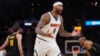 Denver Nuggets center DeMarcus Cousins (4) reacts after being called for a technical foul against the Golden State Warriors in the fourth quarter during game one of the first round for the 2022 NBA playoffs at the Chase Center.