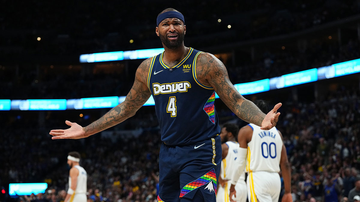 Denver Nuggets center DeMarcus Cousins (4) reacts to a foul in the second quarter against the Golden State Warriors of the first round for the 2022 NBA playoffs at Ball Arena.