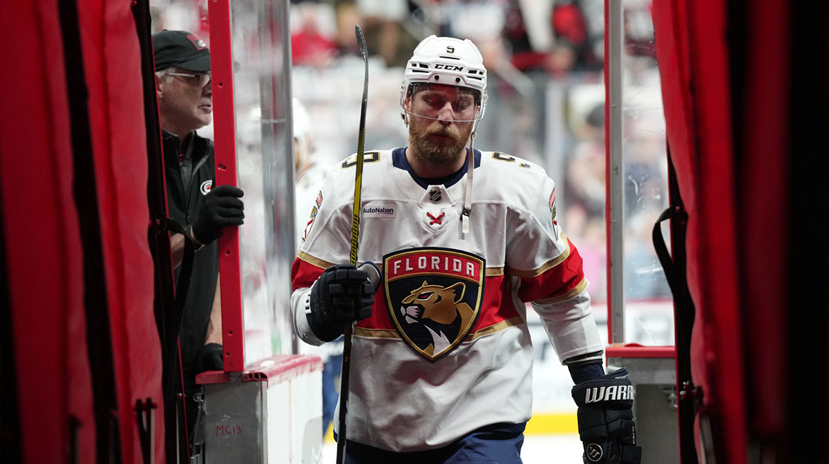 Florida Panthers forward Sam Bennett (9) leaves the ice after warm up prior to the first period against the Carolina Hurricanes in game five of the Eastern Conference Final of the 2025 Stanley Cup Playoffs at Lenovo Center.