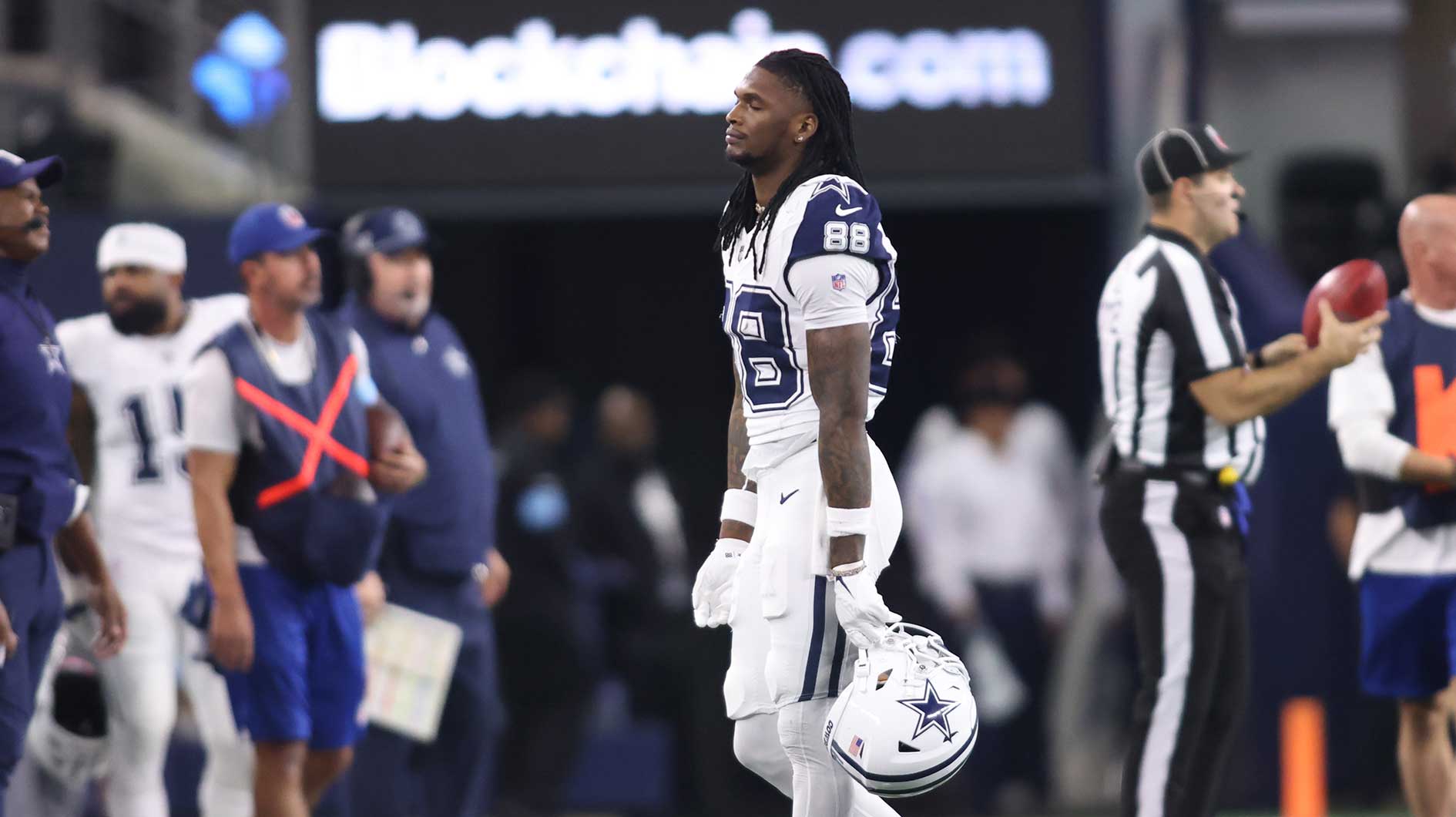 Dallas Cowboys wide receiver CeeDee Lamb (88) walks off the field after a play in the fourth quarter against the Cincinnati Bengals at AT&T Stadium.