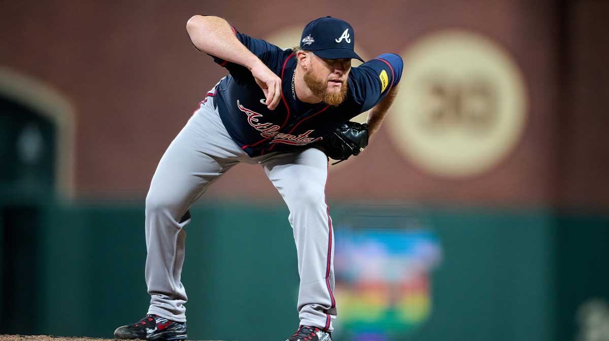 Jun 6, 2025; San Francisco, California, USA; Atlanta Braves pitcher Craig Kimbrel (46) looks at the catcher against the San Francisco Giants during the seventh inning at Oracle Park.
