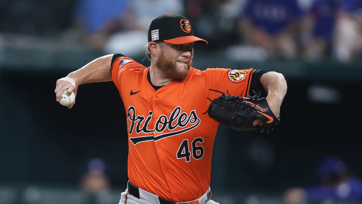 Baltimore Orioles pitcher Craig Kimbrel (46) throws against the Texas Rangers in the ninth inning at Globe Life Field.