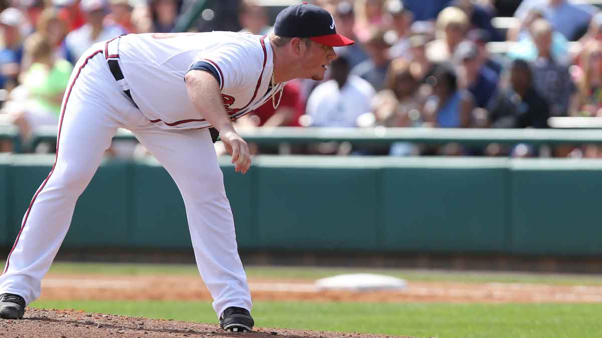 February 22, 2013; Lake Buena Vista, FL, USA; Atlanta Braves relief pitcher Craig Kimbrel (46) gets ready to throw a pitch during spring training against the Detroit Tigers at Disney Wide World of Sports complex, Champion Stadium. 