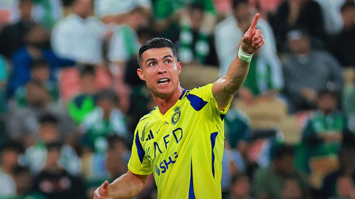 Al Nassr player Cristiano Ronaldo reacts after being substituted in a Saudi Pro League soccer match at King Abdullah Sports City.