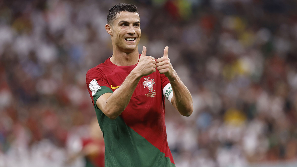 Portugal forward Cristiano Ronaldo (7) reacts during the second half of the group stage match in the 2022 World Cup at Lusail Stadium.