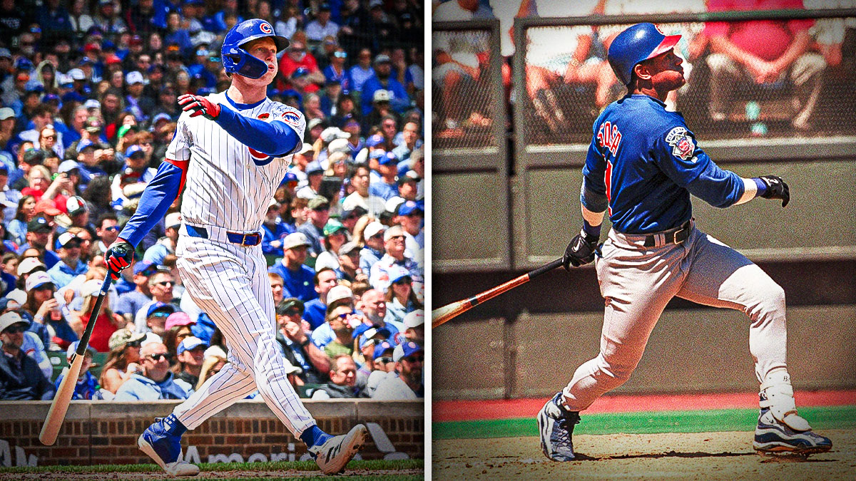May 26, 2025; Chicago, Illinois, USA; Chicago Cubs center fielder Pete Crow-Armstrong (4) at bat during a game against the Colorado Rockies at Wrigley Field. Mandatory Credit: Patrick Gorski-Imagn Images AUGUST 26, 1998: Chicago Cubs outfielder Sammy Sosa hits his 52nd home run of the year in the third inning against the Reds at Cinergy Field. Ernest Coleman / USA TODAY NETWORK