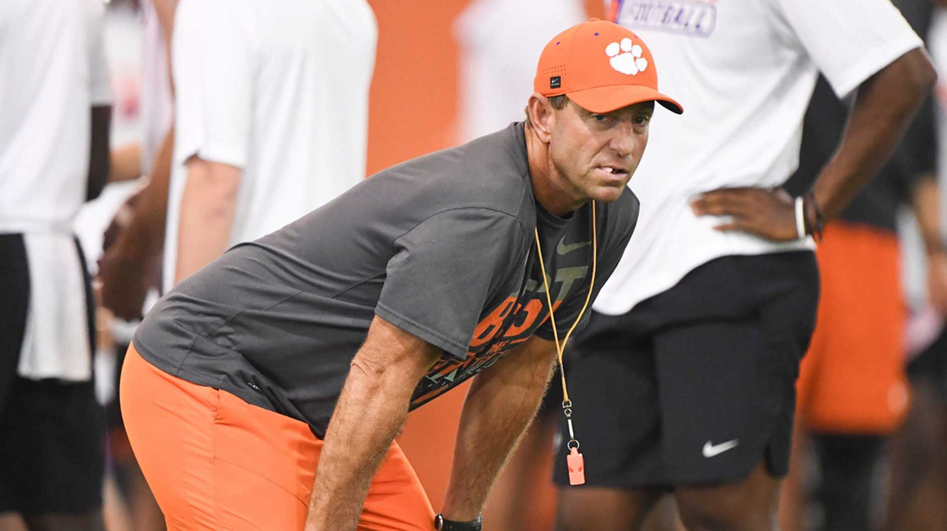 Clemson head coach Dabo Swinney during his 2025 football camp in Clemson, S.C.