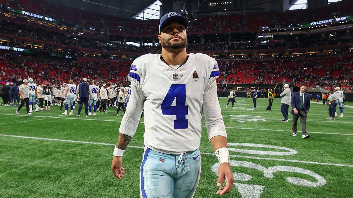 Dallas Cowboys quarterback Dak Prescott (4) walks off the field after a game against the Atlanta Falcons at Mercedes-Benz Stadium.