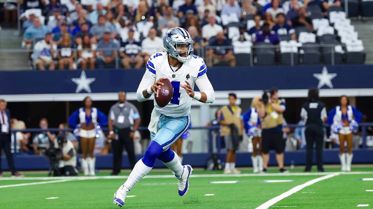 Sep 22, 2024; Arlington, Texas, USA; Dallas Cowboys quarterback Dak Prescott (4) throws during the first quarter against the Baltimore Ravens at AT&T Stadium. Mandatory Credit: Kevin Jairaj-Imagn Images