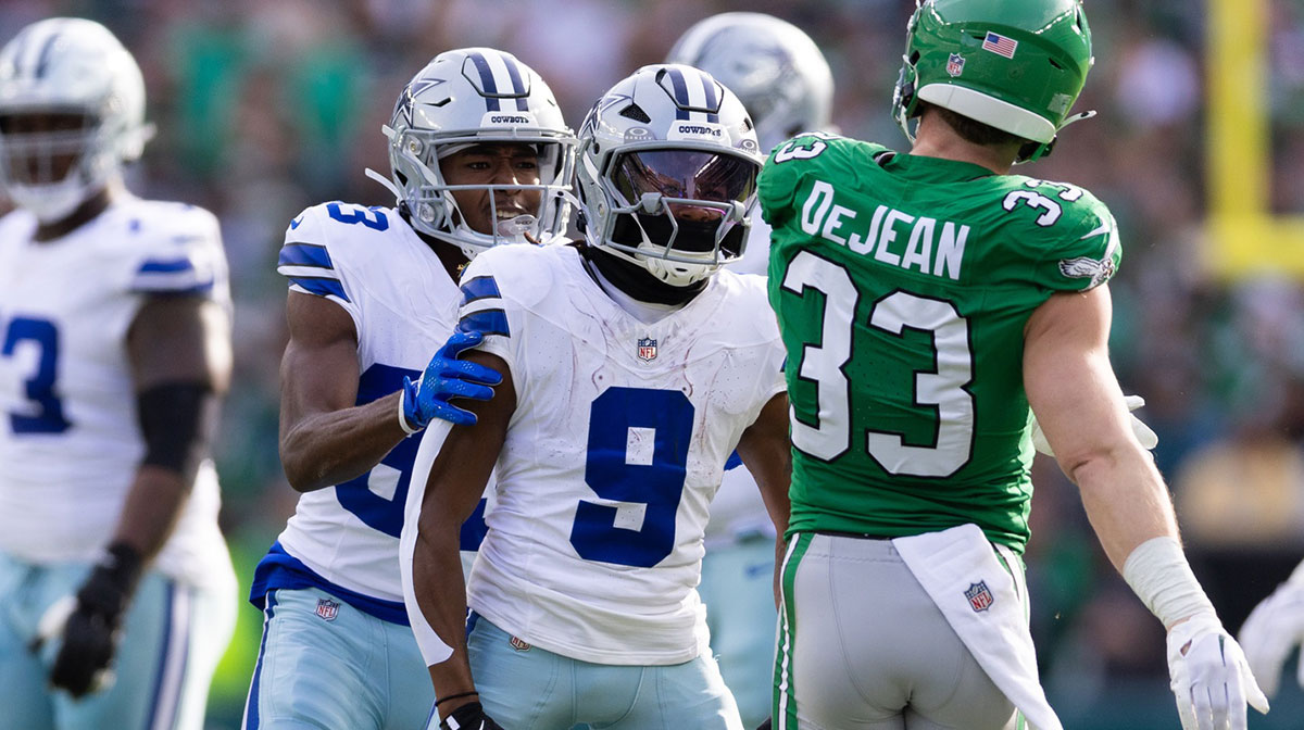 Dallas Cowboys wide receiver KaVontae Turpin (9) reacts to Philadelphia Eagles cornerback Cooper DeJean (33) tackle after a play during the first quarter at Lincoln Financial Field.