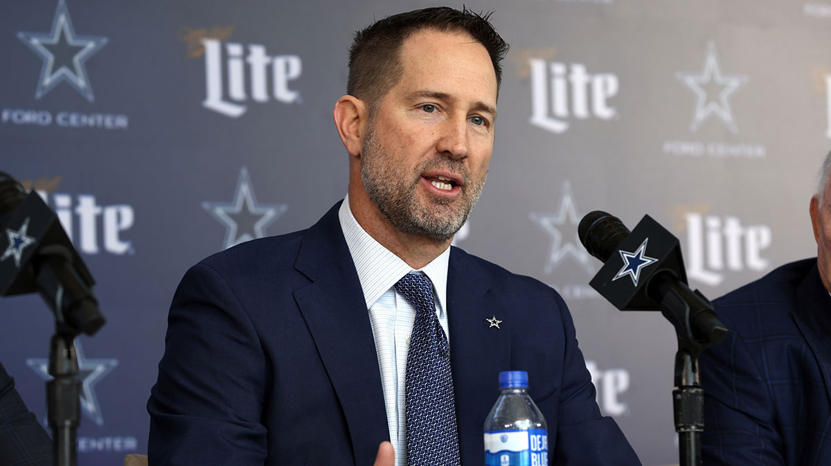 Dallas Cowboys Head Coach Brian Schottenheimer speaks to the media at a press conference at the Star.