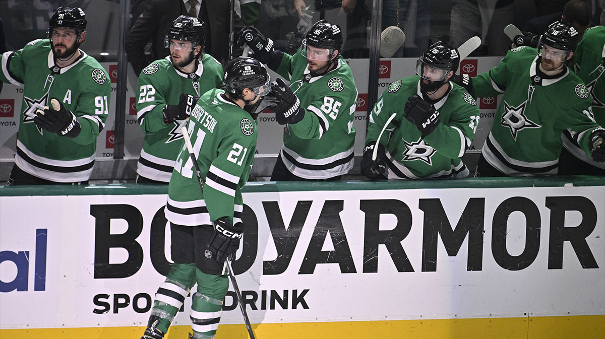 Dallas Stars left wing Jason Robertson (21) reacts after scoring a goal against the Edmonton Oilers during the third period in game five of the Western Conference Final of the 2025 Stanley Cup Playoffs at American Airlines Center.